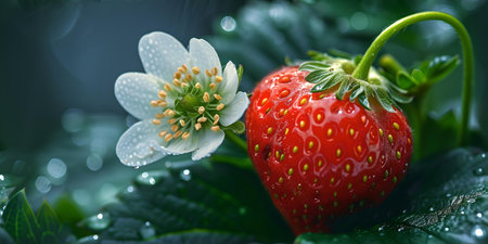 A ripe strawberry alongside a blooming flower, both bejeweled with morning dew drops. A.I.の素材