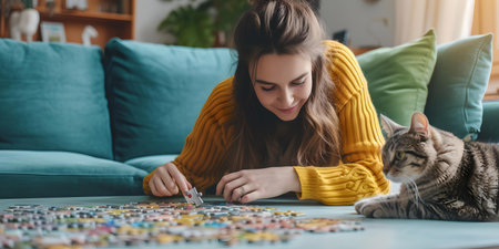 Casual young woman and cat engaging in puzzle assembly at home, depicting indoor relaxation. A.I.の素材