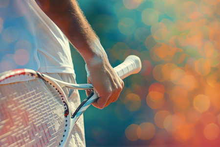 Close-up of tennis player's hand on racket against a vivid, bokeh background depicting motion and sportiness. A.I.の素材