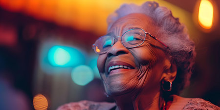 Portrait of a delighted elderly woman with glasses, enveloped in soft, colorful lights, exuding warmth and life. A.I.の素材