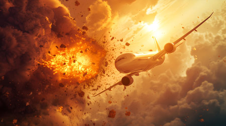 A vibrant depiction of an airplane exploding in mid-air with intense flames against a cloudy sky. A.I.の素材