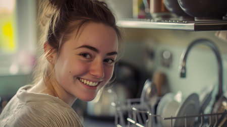 A radiant young woman with a cheerful smile in a domestic kitchen environment, embodying warmth and simplicity. A.I.の素材
