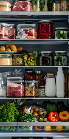 An organized refrigerator filled with fresh vegetables, fruits, dairy, and meats for a healthy diet. A.I.の素材