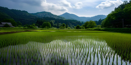 Tranquil rice paddy fields with mountain backdrop, reflecting sky and clouds. perfect for calm nature themes. A.I.の素材