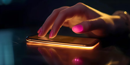 A close-up shot captures the glow of a touchscreen as fingers interact with a smartphone in a dark room. A.I.の素材