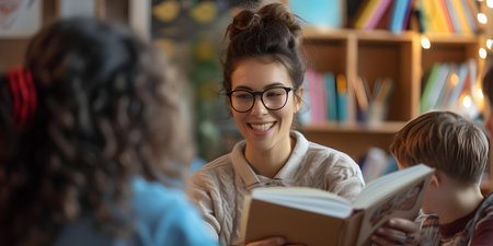 Happy woman reading a book to kids in a vibrant library setting, promoting literacy and joy of learning. A.I.の素材