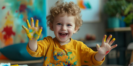 Happy child with painted hands in a colorful art room, exuding creativity and joy in this candid photo. A.I.の素材
