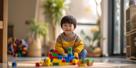 Cute kid playing with colorful blocks in a well-lit living room, capturing a moment of pure childhood joy. A.I.の素材