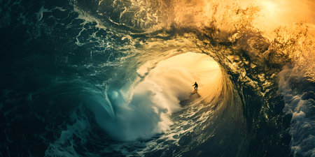 A surfer rides an impressive wave during sunset, creating a captivating picture of adventure and tranquility. A.I.の素材