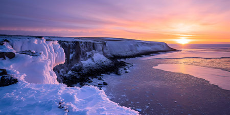 Pastel sunset hues bathe icy cliffs with a serene beach in soft light. ideal for peaceful content creation. A.I.の素材