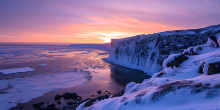 Majestic cliff adorned with snow under a vibrant sunset sky, reflecting in ice-strewn waters. perfect for decor. A.I.の素材