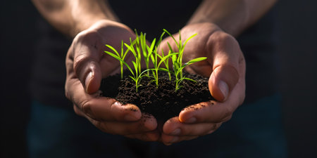 Close-up of hands holding soil with young green seedlings. growth and new life concept. sustainable future. A.I.の素材