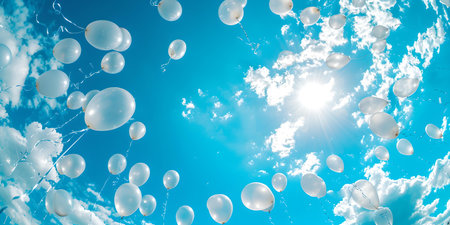Bright blue sky backdrop with sunflare, translucent bubbles ascending peacefully. dreamy and joyful atmosphere. A.I.の素材