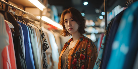 Fashion-conscious customer browsing through a selection of garments in a contemporary clothing shop. A.I.の素材