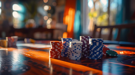Stack of multicolored poker chips on a wooden table, with a bokeh casino background. ideal for gaming content. A.I.の素材