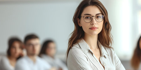 A poised young woman with glasses in a business setting, exuding confidence and ambition. A.I.の素材
