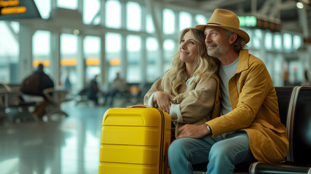Mature couple in a candid moment, sitting with suitcase at an airport, embodying travel and companionship. A.I.の素材