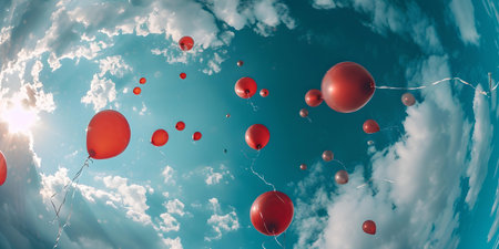 Dreamlike scene with vibrant red balloons soaring in a blue sky among fluffy clouds, evoking freedom and creativity. A.I.の素材