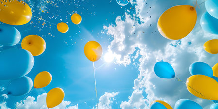 Colorful yellow and blue balloons float against a bright blue sky with fluffy clouds, conveying joy and celebration. A.I.の素材