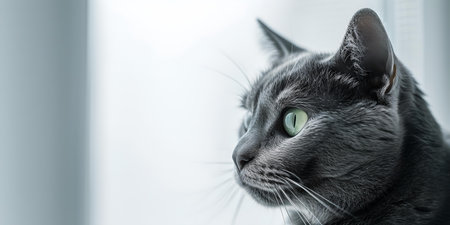 Profile of a serene gray cat with captivating green eyes looking out the window thoughtfully. A.I.の素材