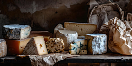Variety of gourmet cheeses on aged wooden shelf, styled in a rustic fashion for a homely feel. . A.I.の素材