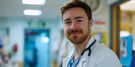Portrait of a cheerful male doctor with a stethoscope in a clinical setting exudes trust and professionalism. A.I.の素材