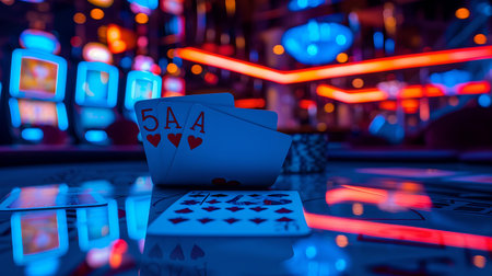 A lively casino atmosphere with neon lighting and playing cards prominently displayed for gaming themes. A.I.の素材