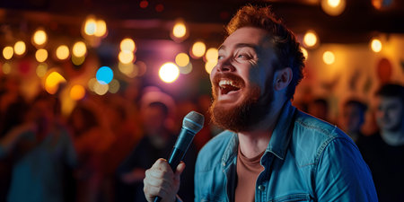Energetic male singer with microphone performs at a live concert with a vibrant audience in the background. A.I.の素材
