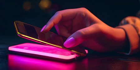 A hand interacts with a glowing smartphone screen at night, showing modern connectivity and tech lifestyle. A.I.の素材