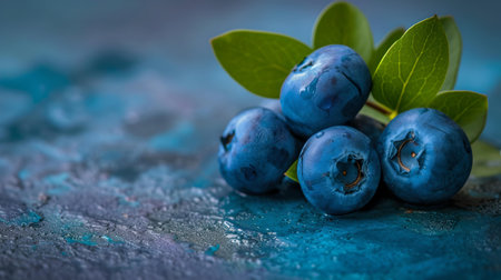 Macro shot of juicy blueberries with lush leaves, suggesting freshness, health, and dietary nutrition. A.I.の素材
