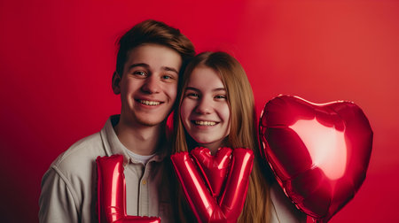 Teenage boy and girl smiling with red heart-shaped balloons on valentine's. expressing joy and affection. A.I.の素材