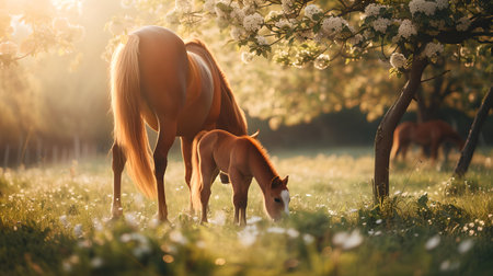 A mare and her foal enjoy a tranquil morning in a sun-kissed pasture, embodied in the serenity of rural life. A.I.の素材