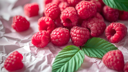 Close-up of juicy raspberries and fresh green leaves on textured paper, symbolizing natural organic food. A.I.の素材