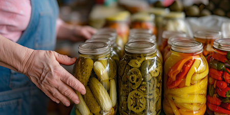 A cozy kitchen scene displaying homemade canning of vegetables. preserved produce in glass jars. A.I.の素材