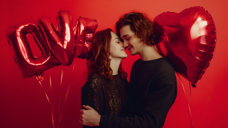 Loving couple hugged in a tender embrace, surrounded by heart balloons on red backdrop. A.I.の素材