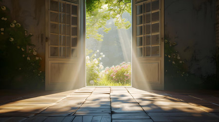 Open doors lead to a sunlit forest, creating a tranquil and surreal setting. perfect for imaginative themes. A.I.の素材