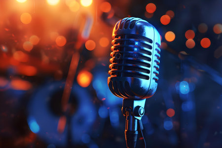 Close-up of a classic microphone with bokeh lights. concept of live music, entertainment, and nostalgia. A.I.の素材