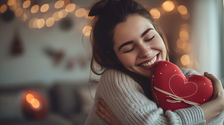 Smiling lady holding a red heart pillow in a warmly lit room signifies love and comfort. ideal for holiday themes. A.I.の素材