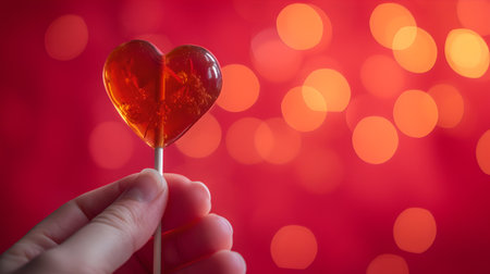 A close-up view of a hand presenting a heart-shaped candy against a festive red bokeh backdrop. A.I.の素材