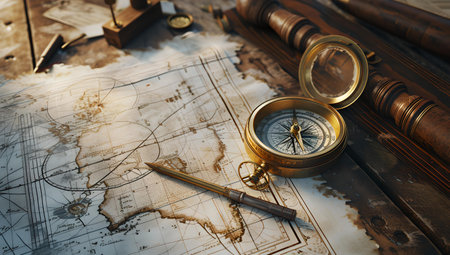 Old-fashioned compass, telescope, and map depicting historical exploration and travel theme. perfect for retro designs. A.I.の素材