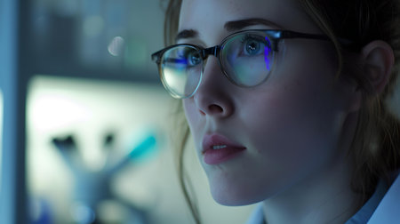 Young professional engaged in computer tasks late at night, reflecting determination and focus in a modern office setting. A.I.の素材