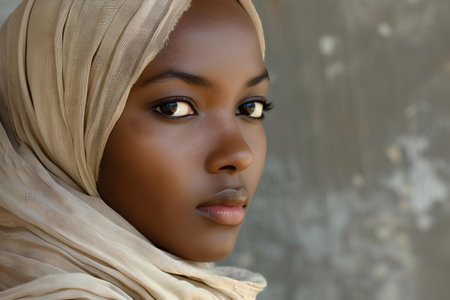 Close-up of a graceful woman in a hijab, highlighting her peaceful expression and striking eyes. A.I.の素材