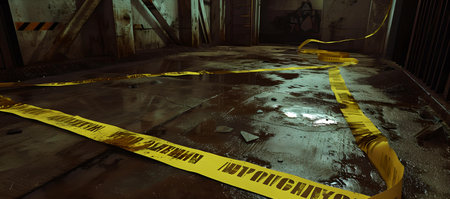 An unsettling crime scene with yellow caution tape in a dim, grungy interior. evokes suspense and danger. A.I.の素材