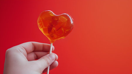 Hand holding a clear heart-shaped candy on a stick with a vibrant red background. ideal for love themes. A.I.の素材