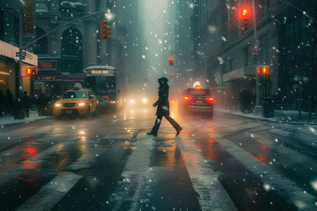Silhouetted figure walking across a snow-covered city junction with vibrant streetlights and falling snowflakes. A.I.の素材