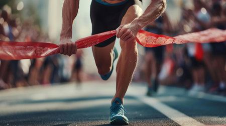 Finish line crossed by runner's sneaker. a symbol of achievement and determination in competitive sport. A.I.の素材