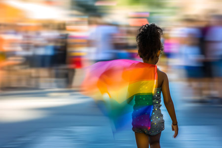 Motion blur shot of a child with a vibrant rainbow cape walking on a sunny street. represents diversity and freedom. A.I.の素材