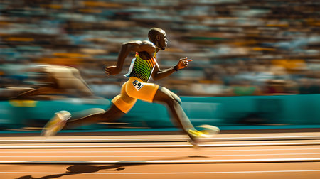 Speed and motion depicted in a blurred background as an athlete sprints on the track. perfect for sports content. A.I.の素材