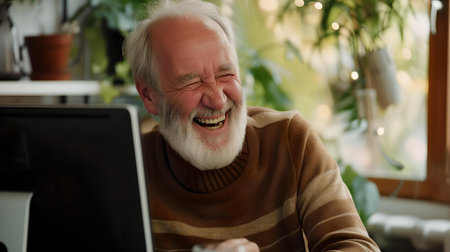 Happy senior man with a white beard laughing while using a computer at home captures a moment of joy. A.I.の素材
