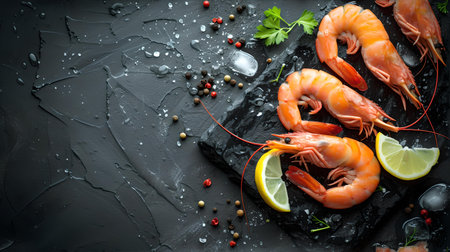 Artistically arranged prawns with spices and citrus on a dark slate for a gourmet experience. A.I.の素材